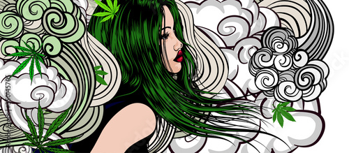 Woman with hair and wind. Cannabis leafs in her hair. Smoke cannabis on the background.