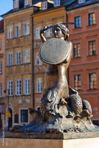 Warsaw Mermaid statue - Syrenka Warszawska - in the historic Old Town quarter market square, Rynek Starego Miasta of Warsaw, Poland