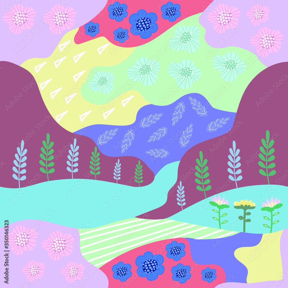 Texture abstract seamless pattern. Trendy colors. planet earth with mountains, lakes, trees and flowers. Vector image. Can be used for textile prints, stationery, backgrounds and wallpapers