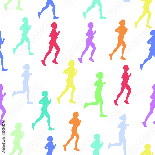 seamless pattern, people run on a race, marathon. Vector colored figures of athletes. Silhouettes on a white background. Sport, fitness and active, healthy lifestyle concept