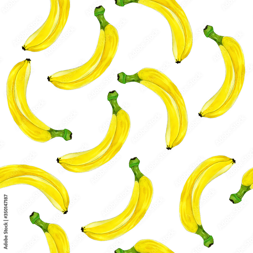 Watercolor pattern of yellow bananas on a white background.