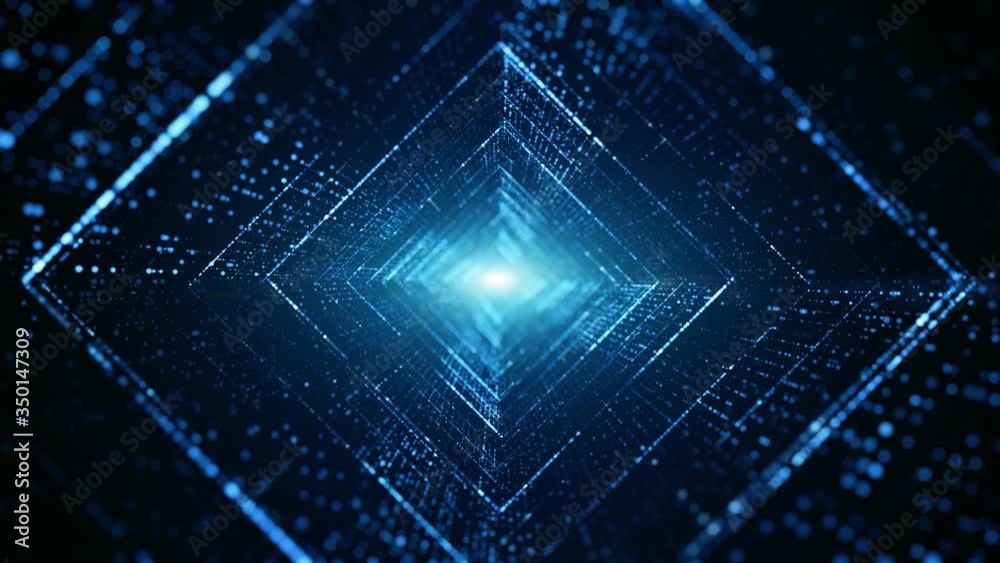 Digital tunnel of cyberspace with particles and lighting, Technology network connections abstract background concept.
