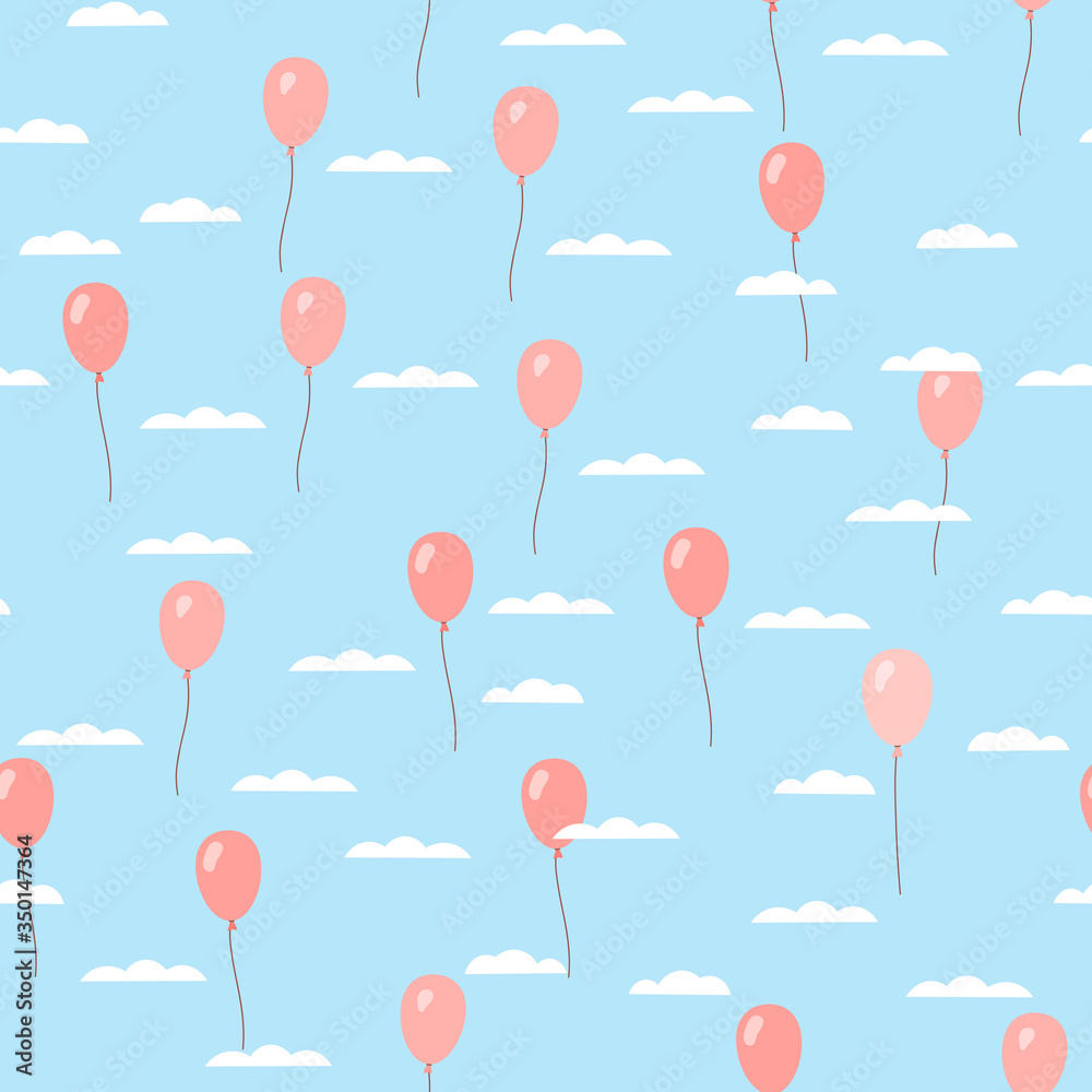 Seamless pattern. Balloons fly across the sky. Children's illustration. Vector illustration