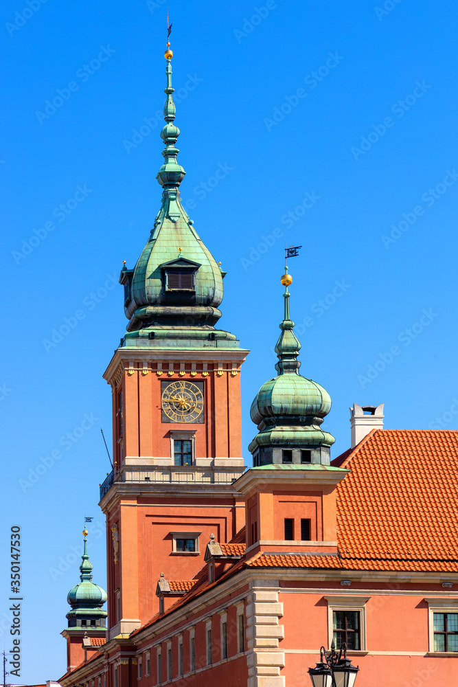 Towers of historic Royal Castle - Zamek Krolewski w Warszawie - at Royal Castle Square in Starowka Old Town of Warsaw, Poland