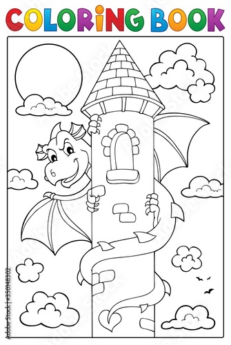 Coloring book dragon on tower image 1