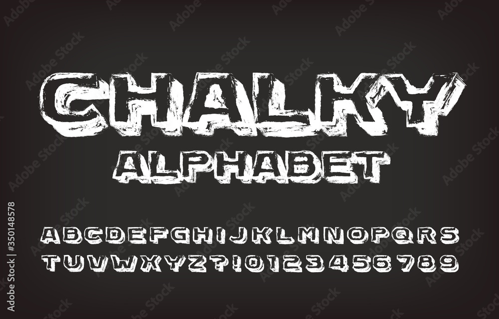 Chalky alphabet font. Hand drawn wide letters, numbers and symbols. Stock vector typescript for your design.
