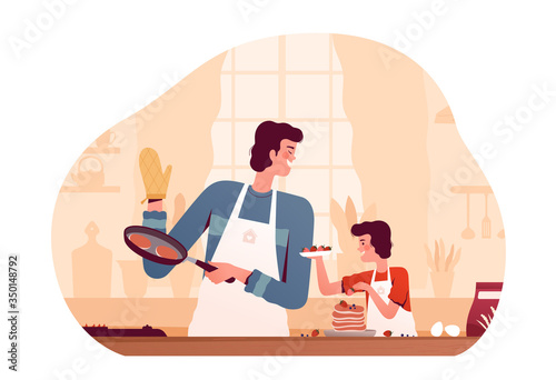 Cheerful dad and son cooking pancakes together at home in the kitchen. The concept of happy fatherhood and surprise for mom. Joint activity with a child. Isolated on a white background