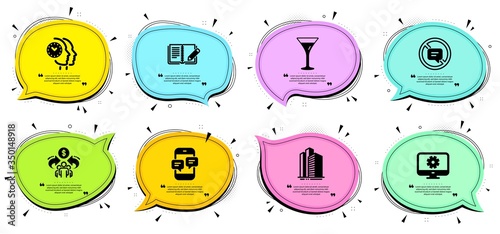 Martini glass, Monitor settings and Time management signs. Chat bubbles with quotes. Phone messages, Skyscraper buildings and Stop talking line icons set. Sharing economy, Feedback symbols. Vector