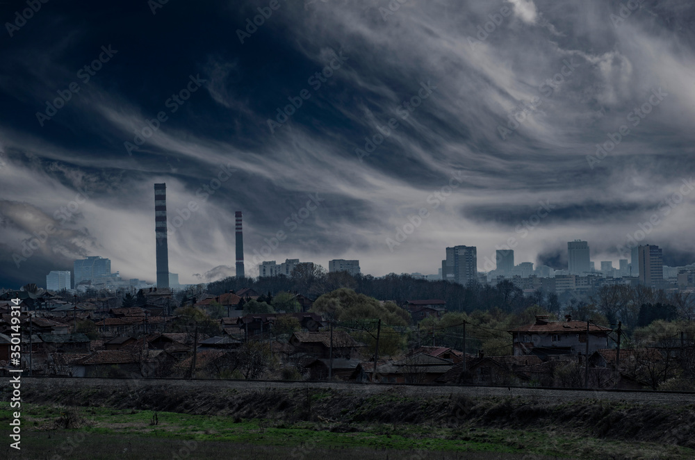 Conceptual image of stormy sky above a city