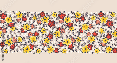 Hand Drawn Artistic Naive Daisy Flowers on Beige Background Vector Seamless Pattern Border. Blob Blooms, Blotched Floral Print. Expressive Outlines, Organic Large Scale Simplistic Retro Fashion Design