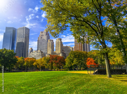 Amazing view of Central Park and city skyscrapers in autumn, New York City