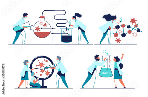Covid-19 research laboratory set. Biochemical science staff making coronavirus, test.