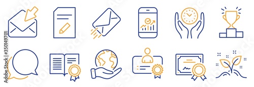 Set of Education icons, such as Safe time, E-mail. Certificate, save planet. Chat message, Certificate, Open mail. Edit document, Winner podium, Startup concept. Vector