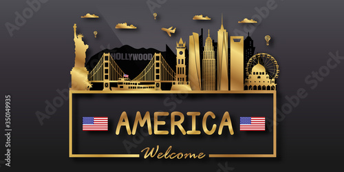 USA America Travel postcard, poster, tour advertising of world famous landmarks. Vectors illustrations