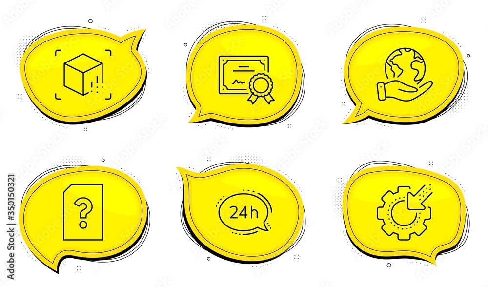 24h service sign. Diploma certificate, save planet chat bubbles. Seo gear, Unknown file and Augmented reality line icons set. Cogwheel, Doc with question mark, Virtual reality. Call support. Vector 24h service sign. Diploma certificate, save planet chat bubbles. Seo gear, Unknown file and Augmented reality line icons set. Cogwheel, Doc with question mark, Virtual reality. Call support. Vector