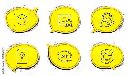 24h service sign. Diploma certificate, save planet chat bubbles. Seo gear, Unknown file and Augmented reality line icons set. Cogwheel, Doc with question mark, Virtual reality. Call support. Vector