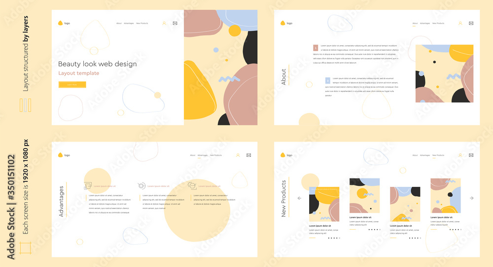 Beauty abstract creative light web design four screen template wih various shapes. Stylish custom and individual set of four website screens. Creative geometric doodle web design for beauty industry