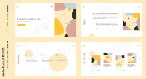 Beauty abstract creative light web design four screen template wih various shapes. Stylish custom and individual set of four website screens. Creative geometric doodle web design for beauty industry