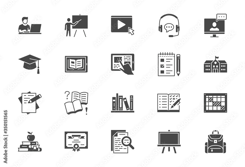 Online education flat icons. Vector illustration included icon as internet, video, audio personal study silhouette pictogram for school, colledge, university trainig