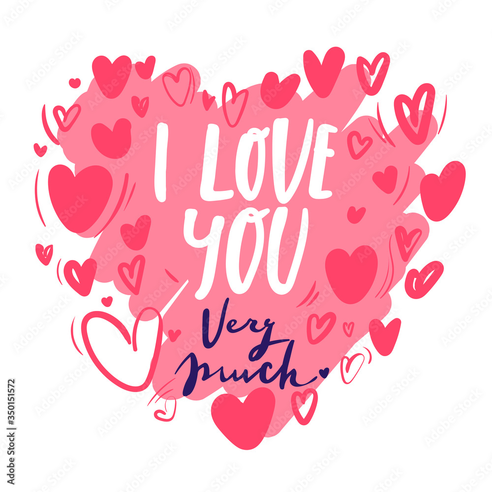 Romantic Lettering illustration I love you very much. Cute hand drawn art in cartoon style for greeting card, poster, banner, invitation. vector. black white Romantic Lettering illustration I love you very much. Cute hand drawn art in cartoon style for greeting card, poster, banner, invitation. vector. black white