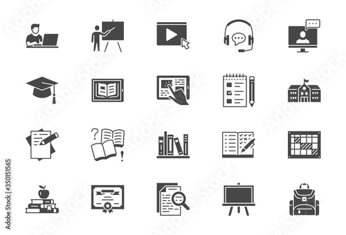 Online education flat icons. Vector illustration included icon as internet, video, audio personal study silhouette pictogram for school, colledge, university trainig