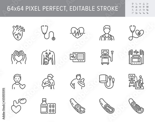 Cardiology line icons. Vector illustration included icon as heart attack, ecg, doctor, pacemaker, defibrillator outline pictogram for cardiovascular clinic. 64x64 Pixel Perfect Editable Stroke