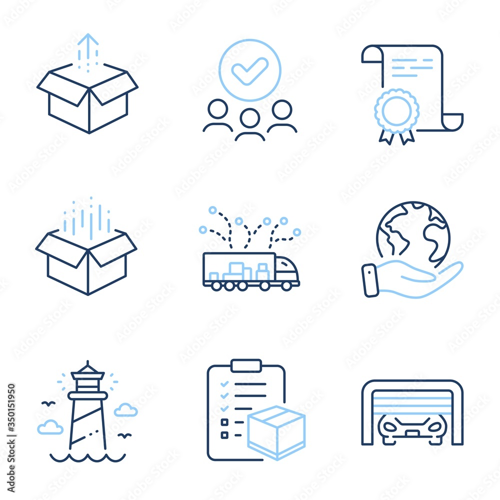 Parcel checklist, Open box and Truck delivery line icons set. Diploma certificate, save planet, group of people. Lighthouse, Parking garage and Send box signs. Vector Parcel checklist, Open box and Truck delivery line icons set. Diploma certificate, save planet, group of people. Lighthouse, Parking garage and Send box signs. Vector