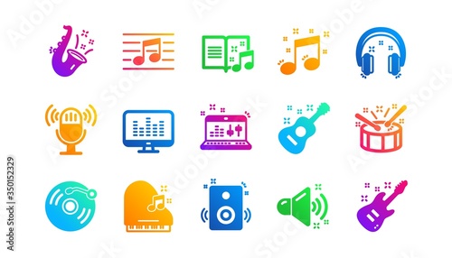 Guitar, Musical note and Headphones. Music icons. Jazz saxophone classic icon set. Gradient patterns. Quality signs set. Vector