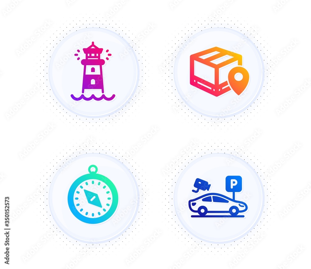 Parcel tracking, Lighthouse and Travel compass icons simple set. Button with halftone dots. Parking security sign. Package location pin, Searchlight tower, Trip destination. Video camera. Vector Parcel tracking, Lighthouse and Travel compass icons simple set. Button with halftone dots. Parking security sign. Package location pin, Searchlight tower, Trip destination. Video camera. Vector