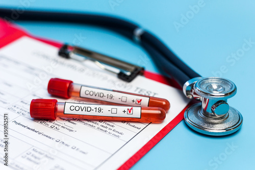 Pandemic COVID-19, Coronavirus. Nobody. Medical supplies on blue background