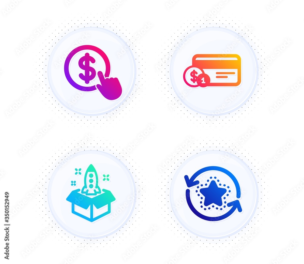 Startup, Buy currency and Payment method icons simple set. Button with halftone dots. Loyalty points sign. Innovation, Money exchange, Cash or non-cash payment. Bonus reward. Finance set. Vector
