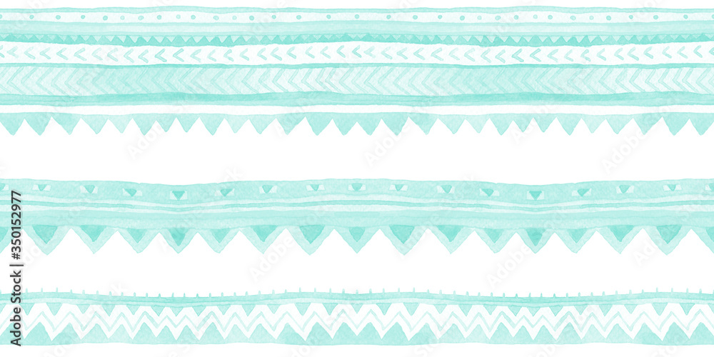 Turquoise tribal seamless borders with stripes and ornament. Watercolor raster ethnic design element. Turquoise tribal seamless borders with stripes and ornament. Watercolor raster ethnic design element.