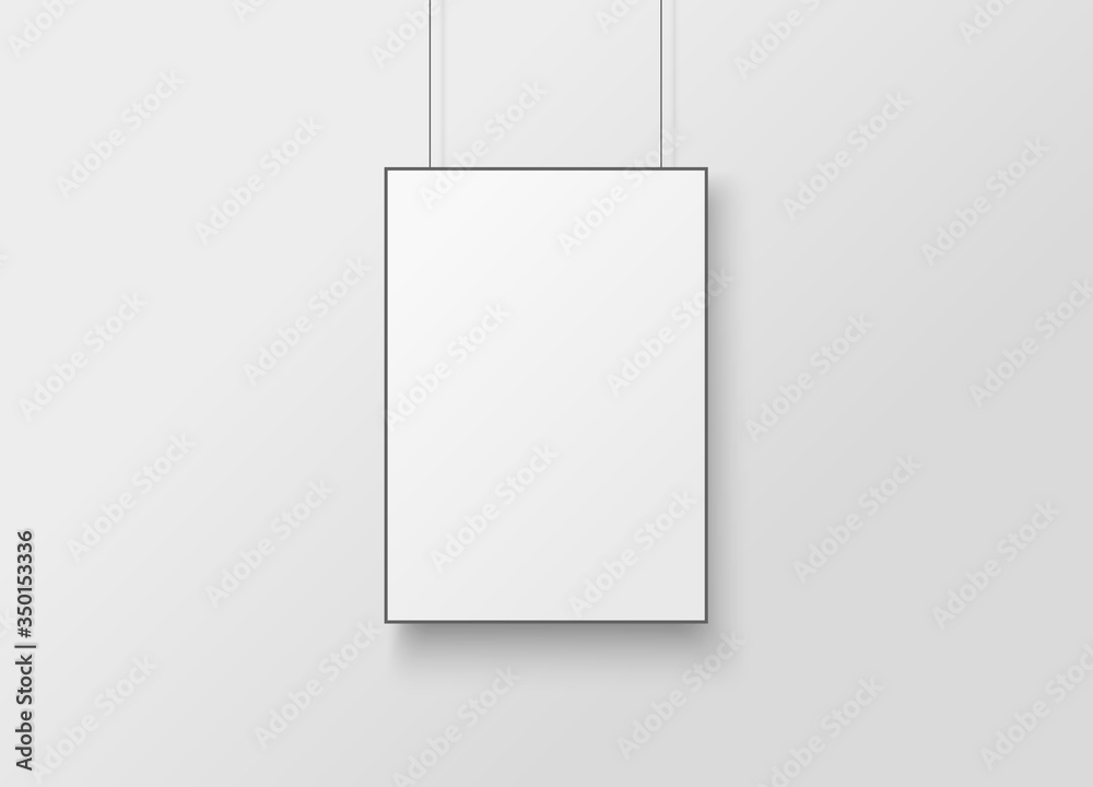 White poster with black frame mockup.  Empty white A4 sized paper hanging on gray wall
