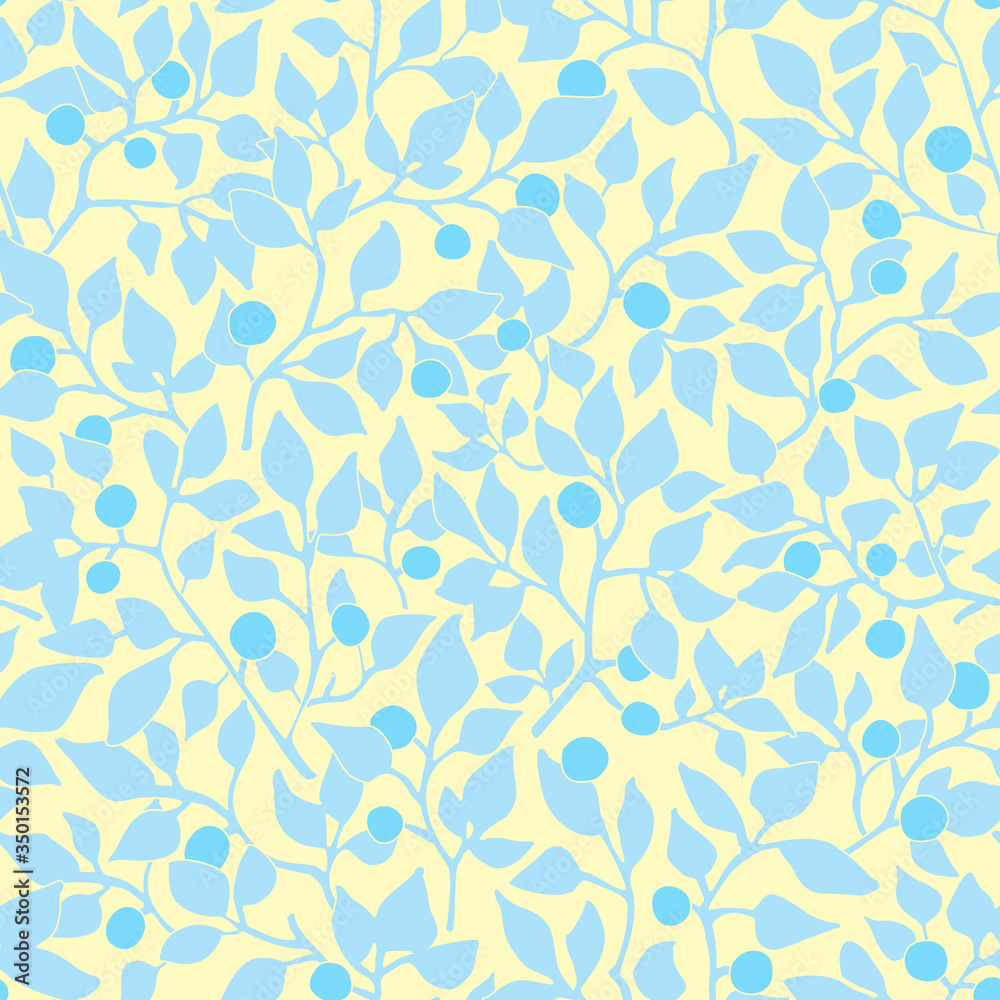 Pastel yellow and blue wild blueberry seamless pattern. Dark vector texture of blueberry bushes.