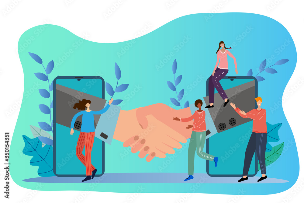 People sign a contract with each other using an online connection.The concept of online negotiation.Flat vector illustration.