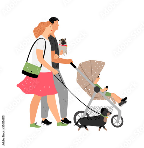 Young parents. Family walking, mother father and son. Pet owners isolated vector characters