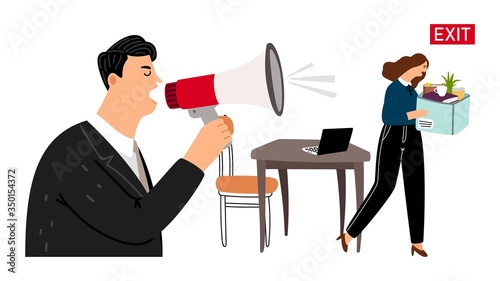 Boss fires employee. Dismissal, sad girl with box leaves office. Angry boss and worker vector illustration
