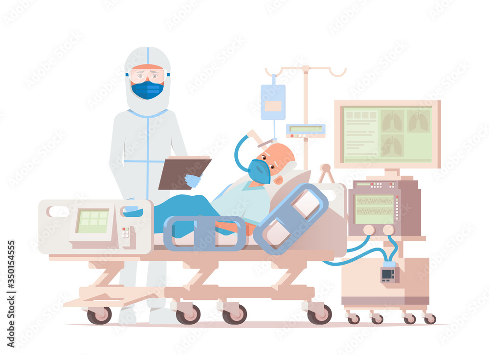 Doctor in the protective suit and mask are examining the infected aging male patient in the control area. Vector illustration in flat style
