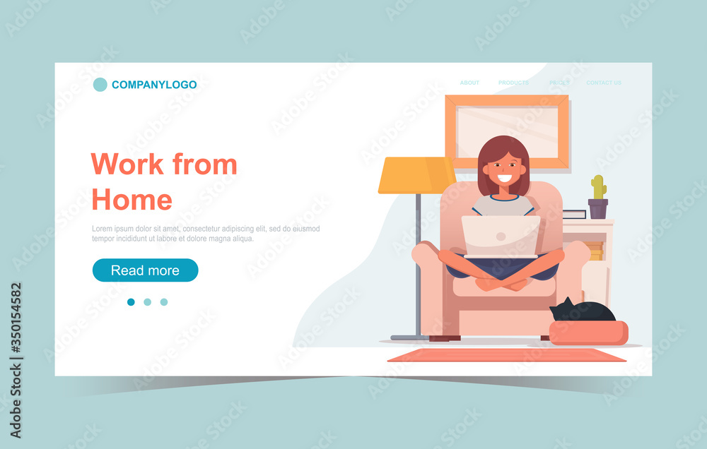 Smiling woman working from home sitting on a chair with laptop. Home office concept. Vector illustration in flat style