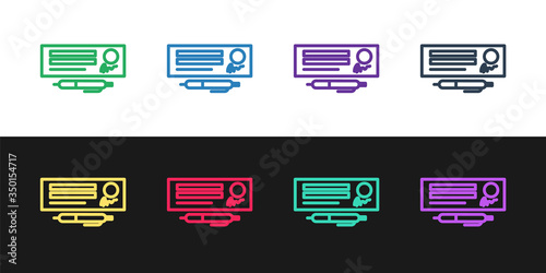 Set line Blank template of the bank check and pen icon isolated on black and white background. Checkbook cheque page with empty fields to fill. Vector Illustration