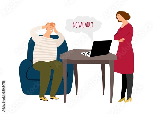 Man looking for work. No vacancies, wife is angry at unemployed husband. Financial crisis, layoffs and problems in business vector illustration