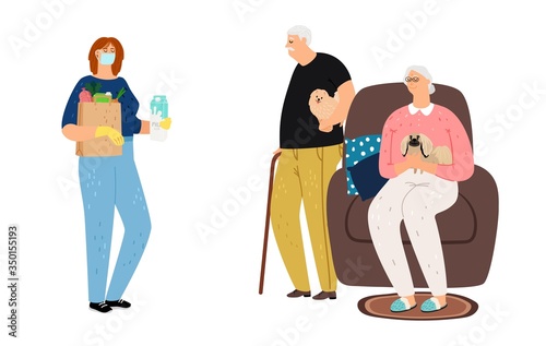 Volunteering concept. Elderly couple meeting girl with food. Distance delivery, social help to old people. Grandparents and young woman vector illustration