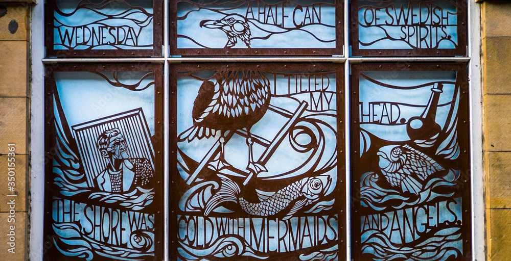 Seagull on a blue window in Edinburgh
