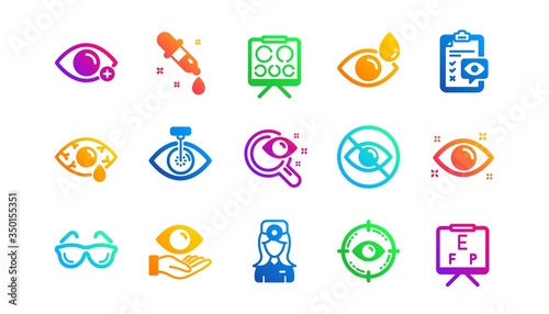 Medical laser surgery, glasses and eyedropper. Optometry, Eye doctor icons. Pink eye, Cataract surgery and allergy icons. Optician board, oculist chart. Classic set. Gradient patterns. Vector