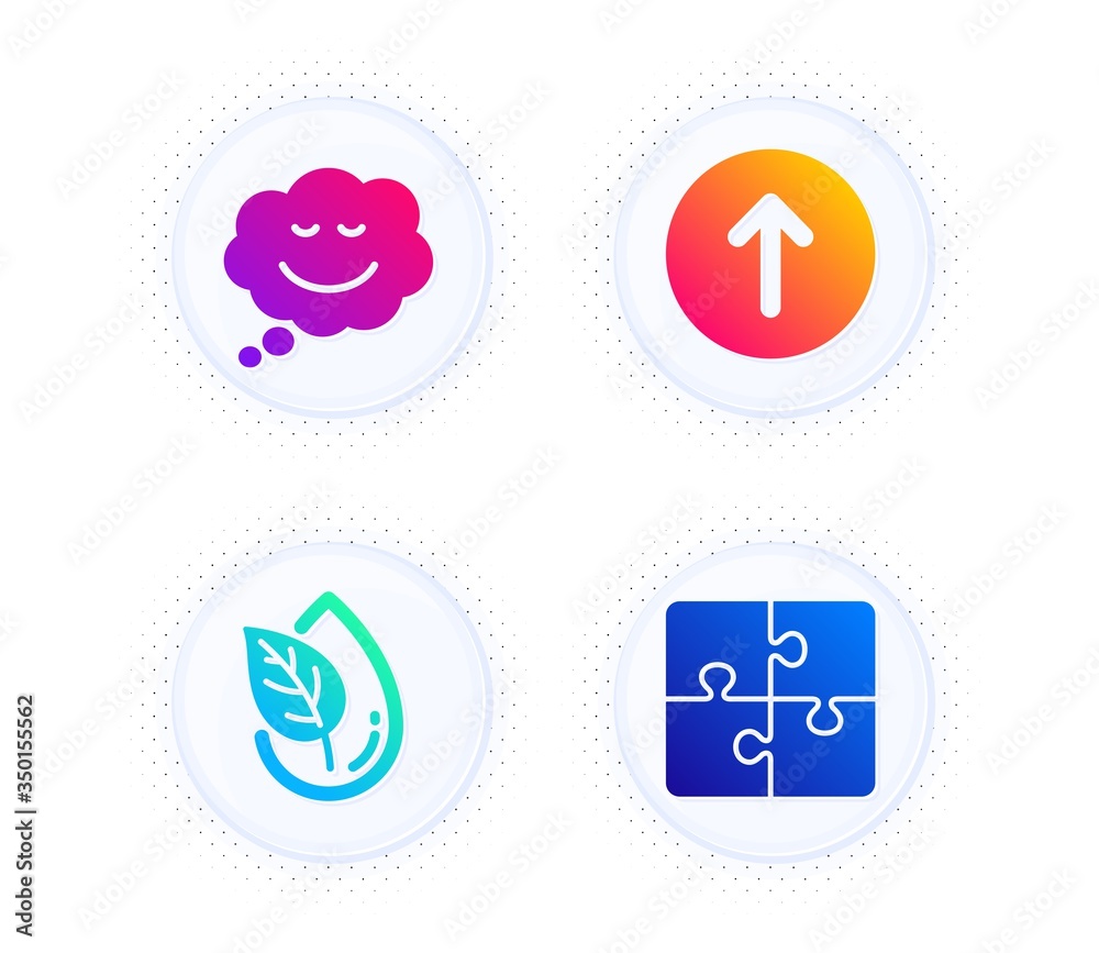 Speech bubble, Organic product and Swipe up icons simple set. Button with halftone dots. Puzzle sign. Comic chat, Leaf, Scroll screen. Engineering strategy. Technology set. Vector
