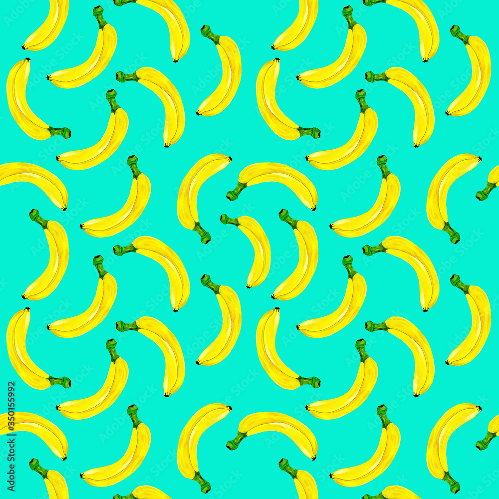 Watercolor seamless pattern of yellow bananas on azure background. Watercolor seamless pattern of yellow bananas on azure background.