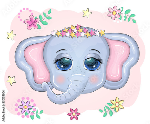 Elephant head with flower wreath. Flora and fauna concept.