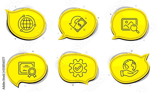 Cashback sign. Diploma certificate, save planet chat bubbles. Search photo, Service and Globe line icons set. Find image, Cogwheel gear, Internet world. Receive money. Technology set. Vector