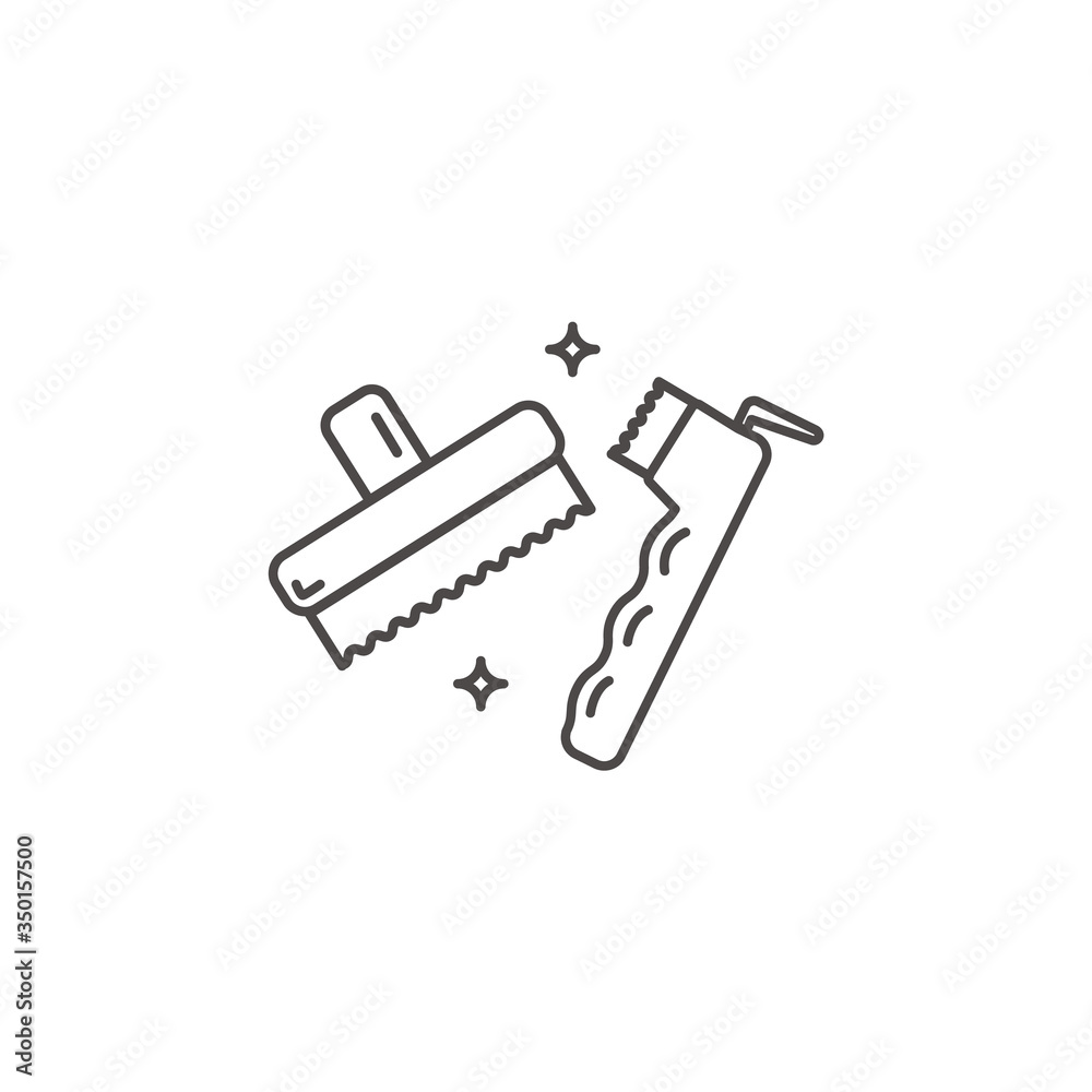 An icon of brush hoof pick tools for grooming horses. Flat vector outline icon on white background.