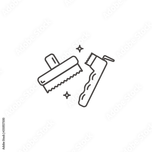 An icon of brush hoof pick tools for grooming horses. Flat vector outline icon on white background.